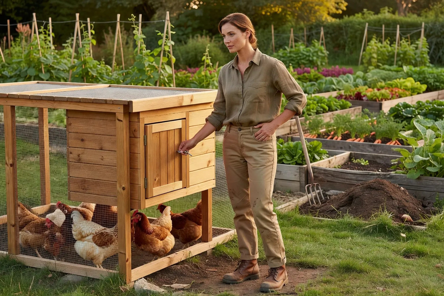 Une jardinière en tenue soignée ferme la porte d'un poulailler en bois dans un jardin familial français, près d'un enclos et de carrés potagers.