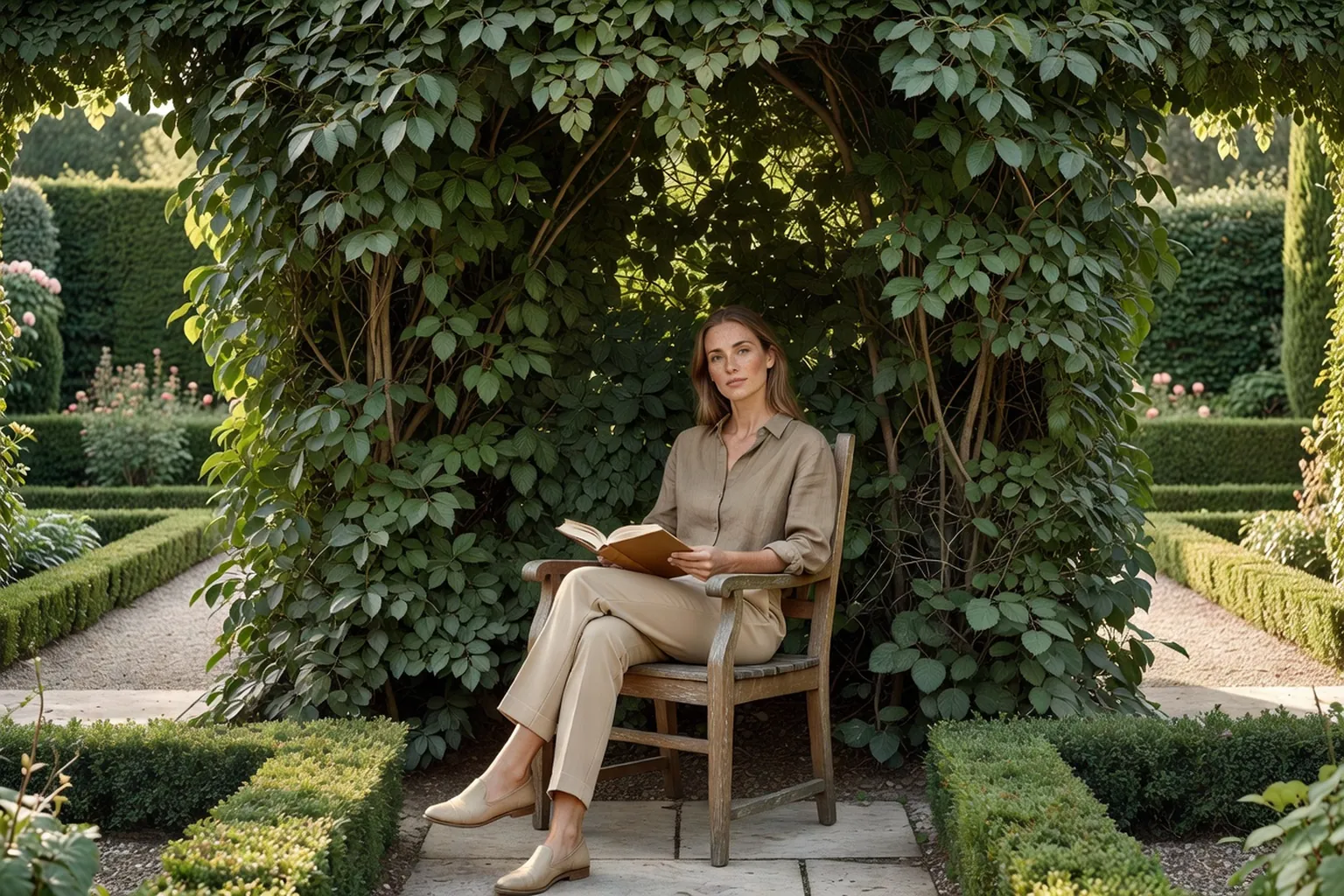 Femme adulte élégante lisant dans un fauteuil en bois sur une terrasse de jardin, protégée des regards par une haie variée de charmille et de noisetiers.