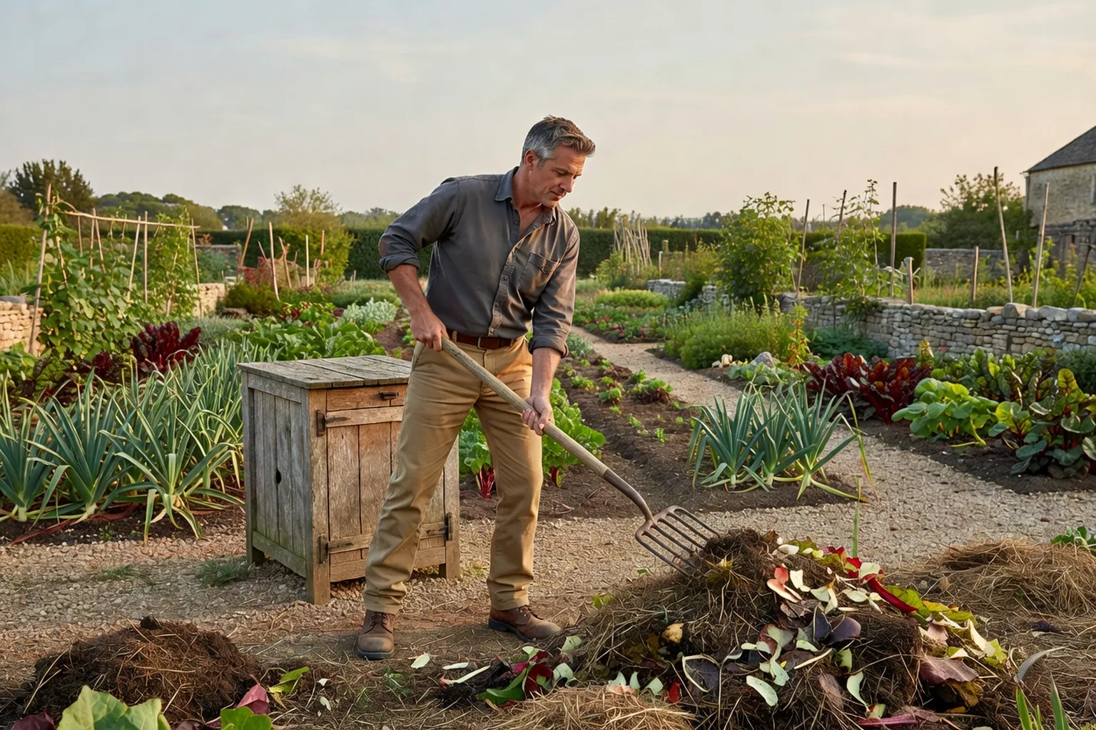 Homme adulte en tenue de jardinage soignée retournant un compost avec une fourche près d'un composteur en bois, au fond d'un potager français.