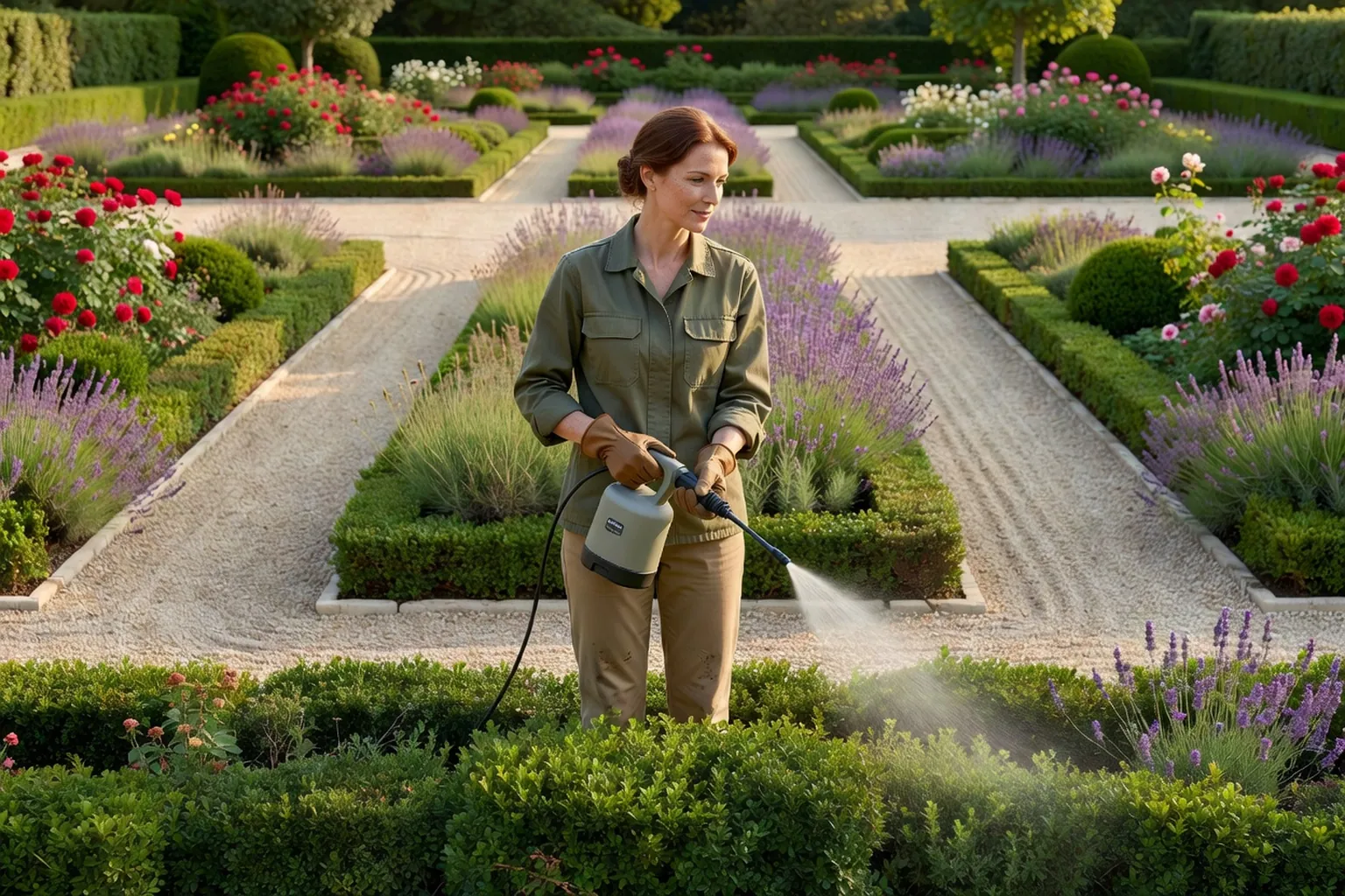 Femme adulte en tenue de jardinage soignée utilisant un pulvérisateur électrique près d'une haie dans un jardin français.