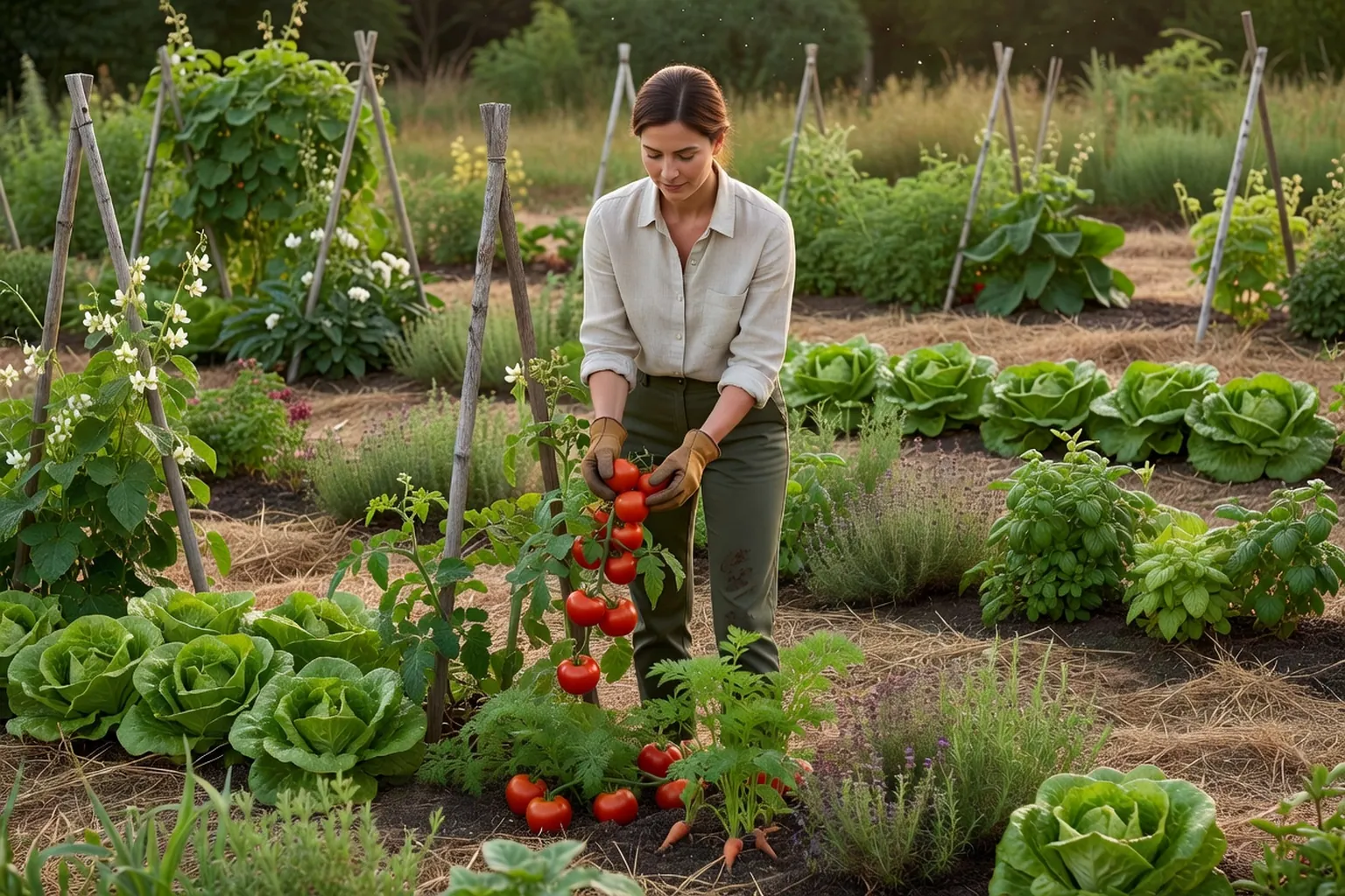 Une femme adulte en tenue de jardinage soignée récolte des tomates dans un potager familial français, près de salades, haricots et plantes aromatiques.