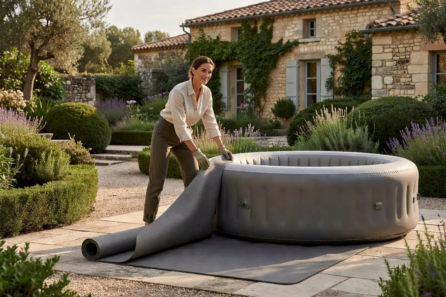 Une femme adulte prépare l'installation d'un spa gonflable rond sur une terrasse plane dans un jardin français.
