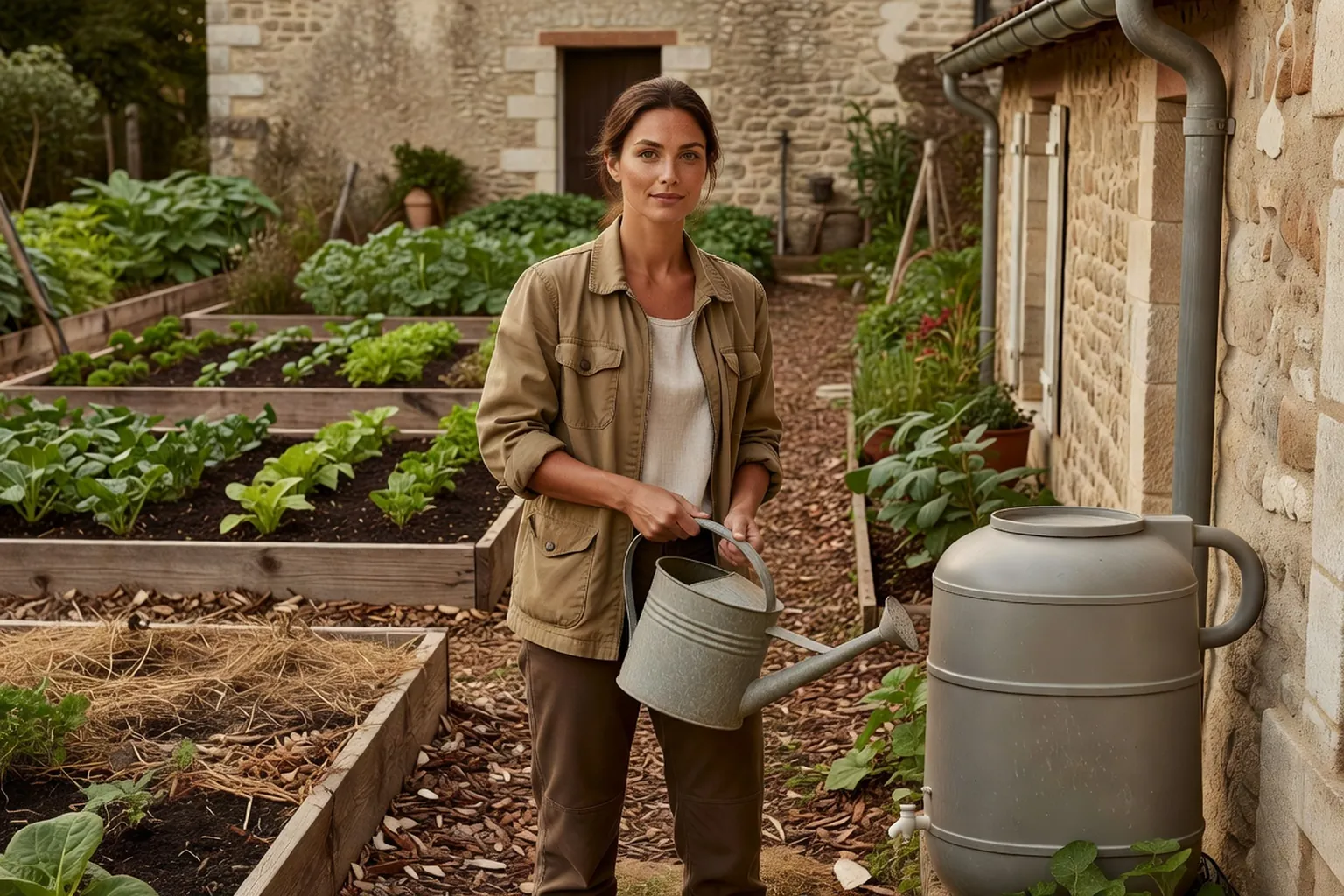 Une jardinière remplit un arrosoir au robinet d'une citerne d'eau de pluie installée près d'une gouttière, à côté d'un potager paillé.