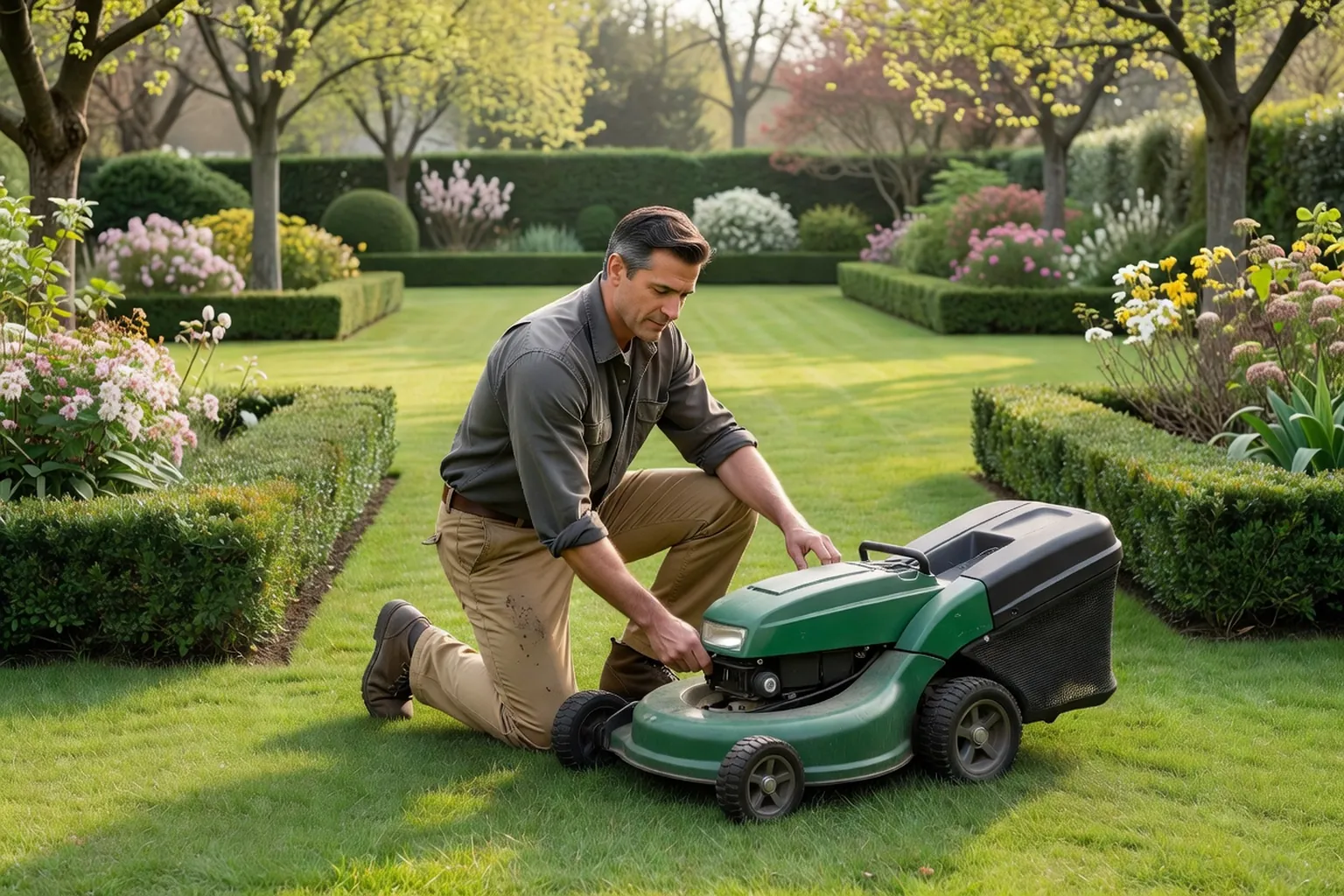 Un homme en tenue de jardinage soignée examine un tracteur tondeuse dans un jardin français au début du printemps.