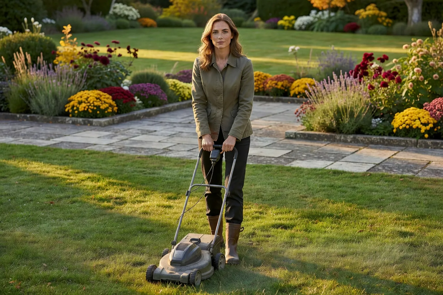Une femme adulte en tenue de jardinage soignée pousse un scarificateur électrique sur une pelouse bordée de massifs dans un jardin français.