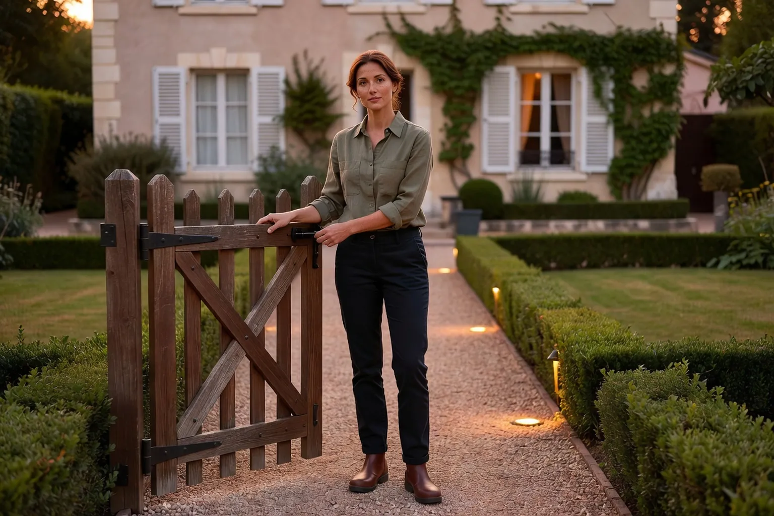 Femme adulte en tenue de jardinage soignée fermant un portillon dans un jardin français rangé au crépuscule, près d'une allée éclairée.