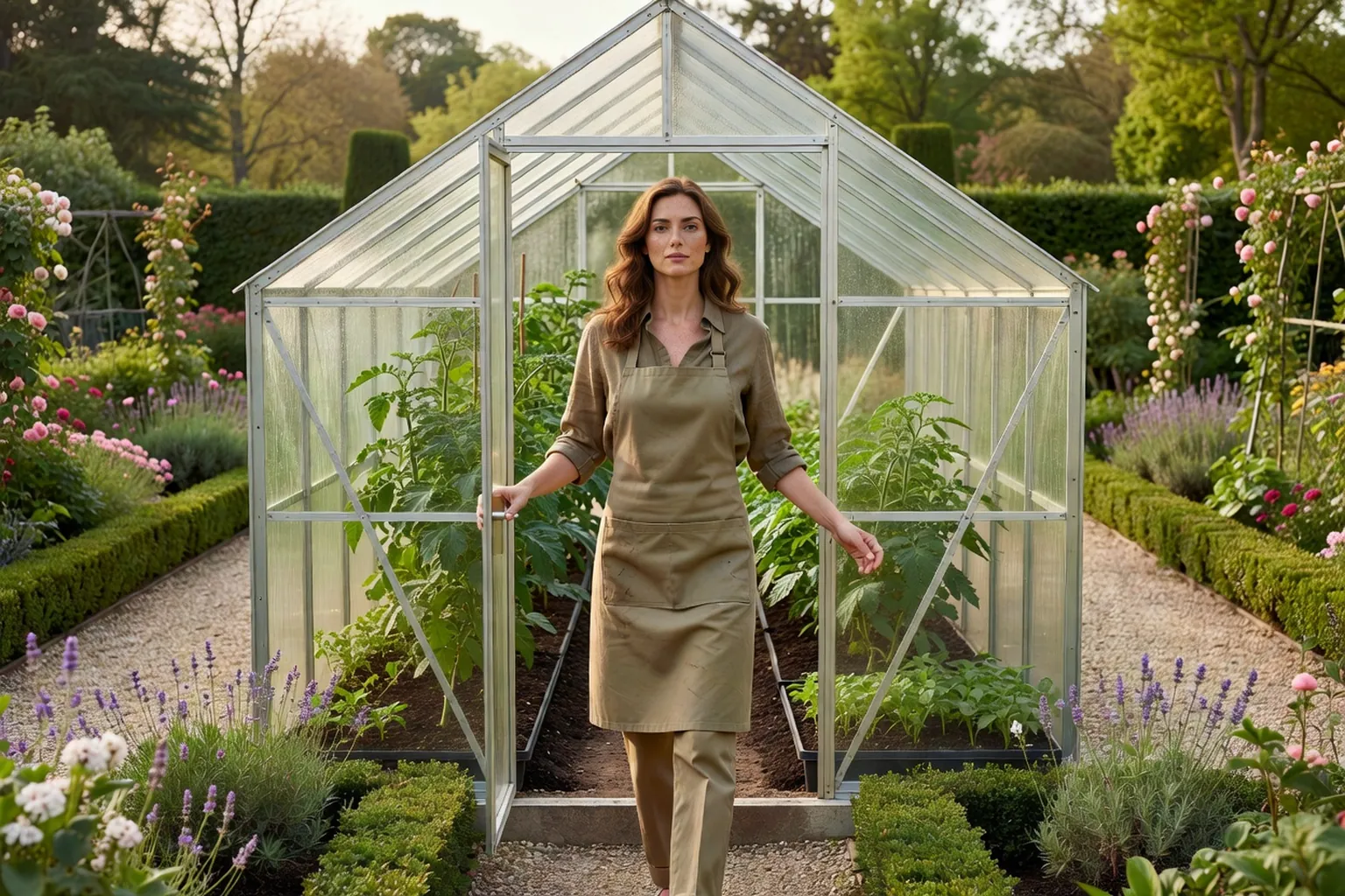 Femme élégante en tablier de jardinage ouvrant la porte d'une serre en polycarbonate remplie de semis et de tomates, dans un jardin français au printemps.
