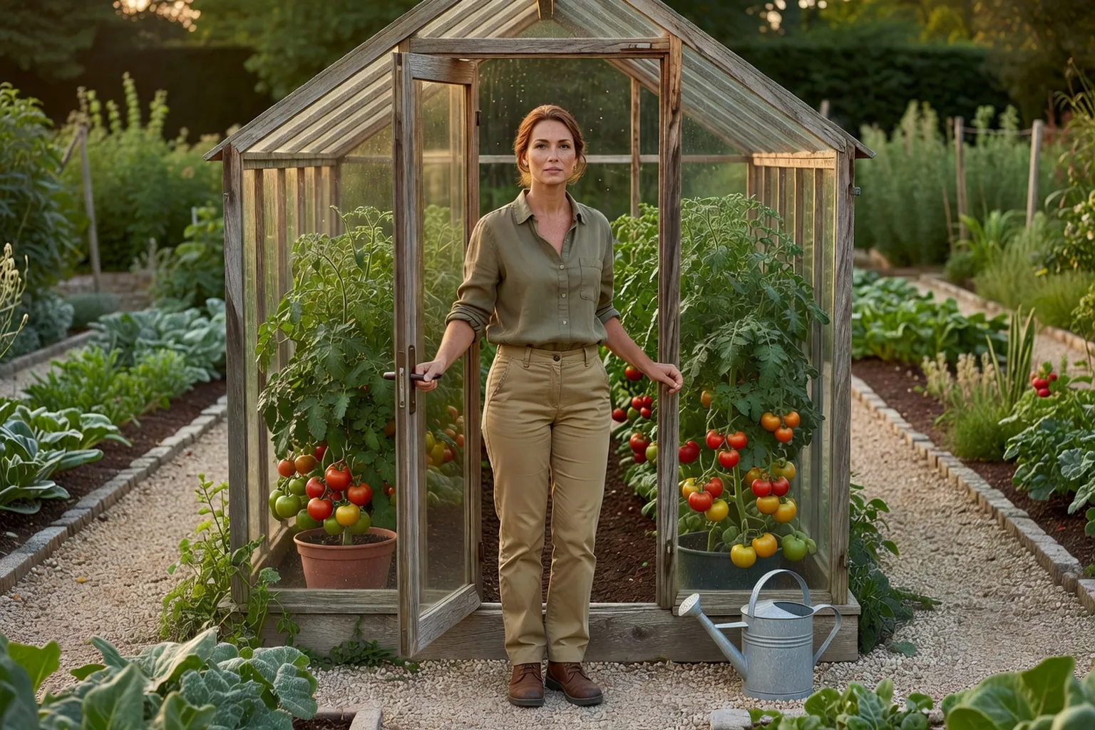 Une jardinière ouvre la porte d'une serre de jardin et observe des plants de tomates dans un potager français ensoleillé.