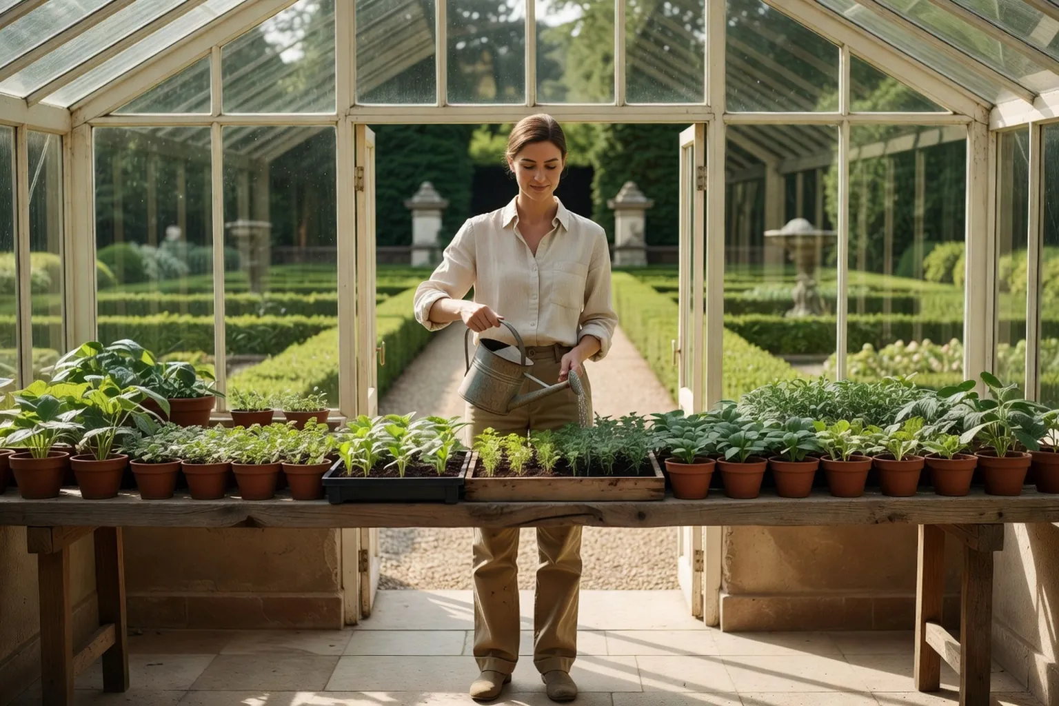 Femme en tenue de jardinage soignée, arrosant avec un petit arrosoir des semis alignés sur une tablette à l'intérieur d'une serre en verre baignée de lumière douce.