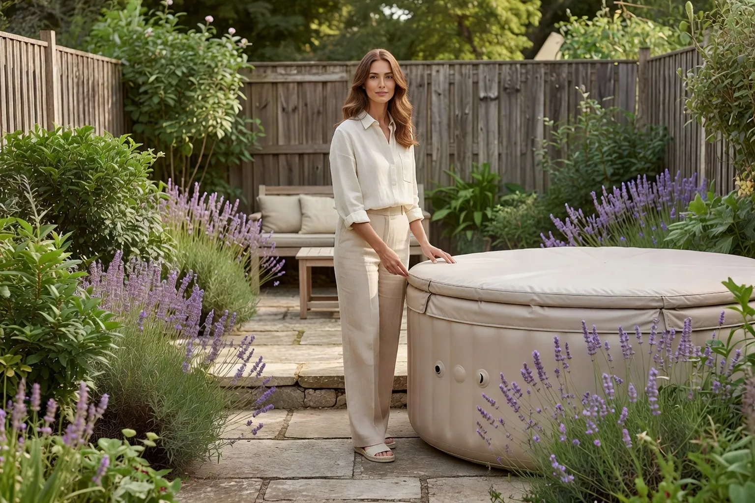 Femme adulte élégante vérifiant la couverture d'un spa gonflable rond installé sur une terrasse plane dans un jardin français.