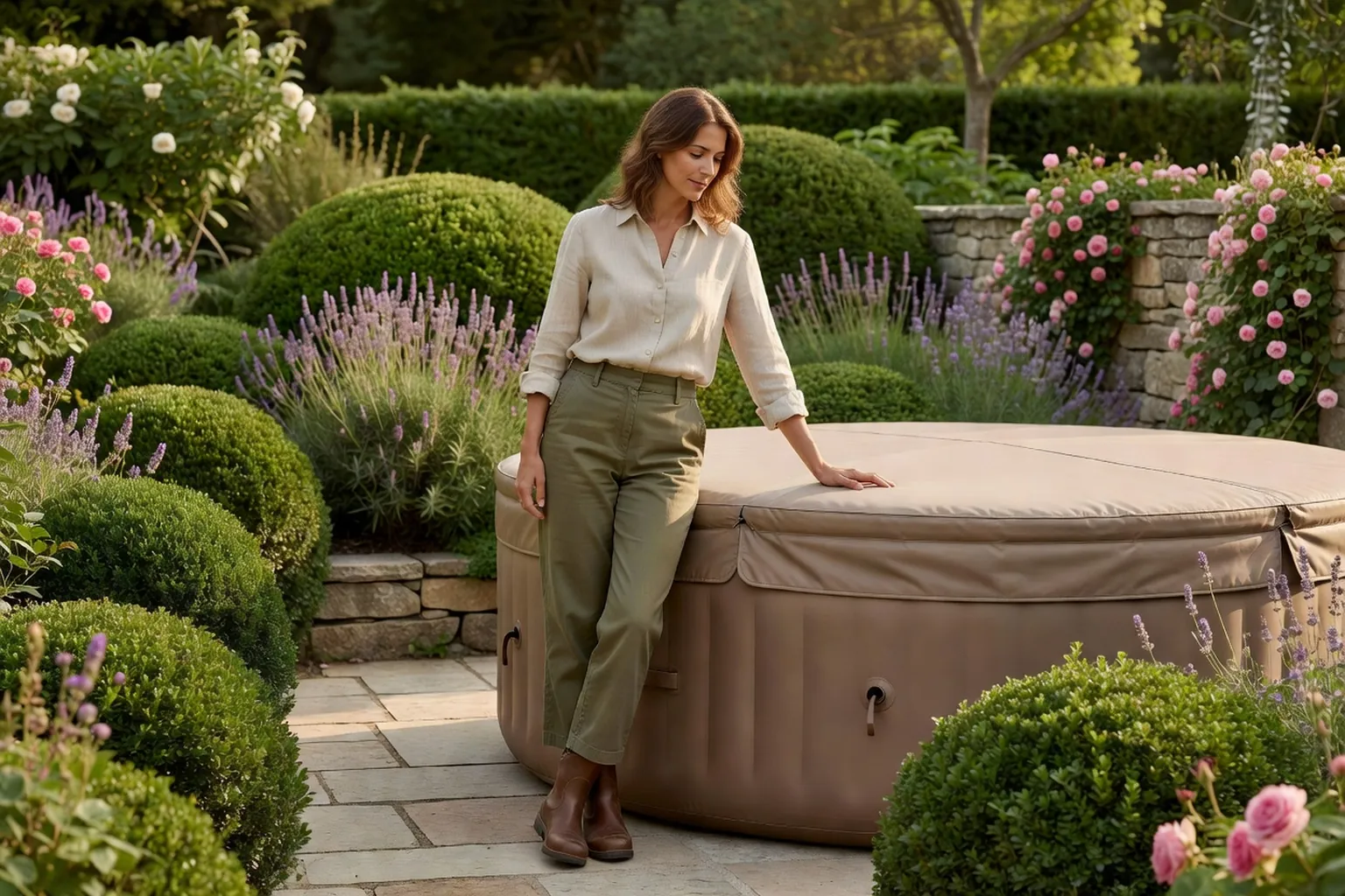 Une femme adulte élégamment vêtue examine le couvercle d'un spa gonflable installé sur une terrasse dans un jardin français.