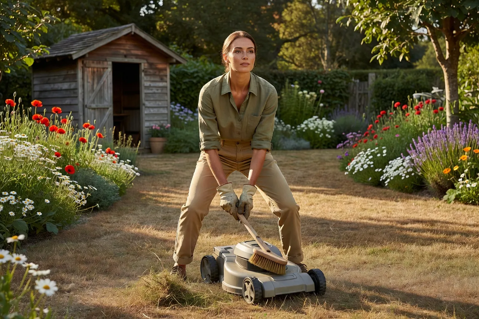 Une femme en tenue de jardinage nettoie avec une brosse le carter d'une tondeuse arrêtée dans un jardin français.