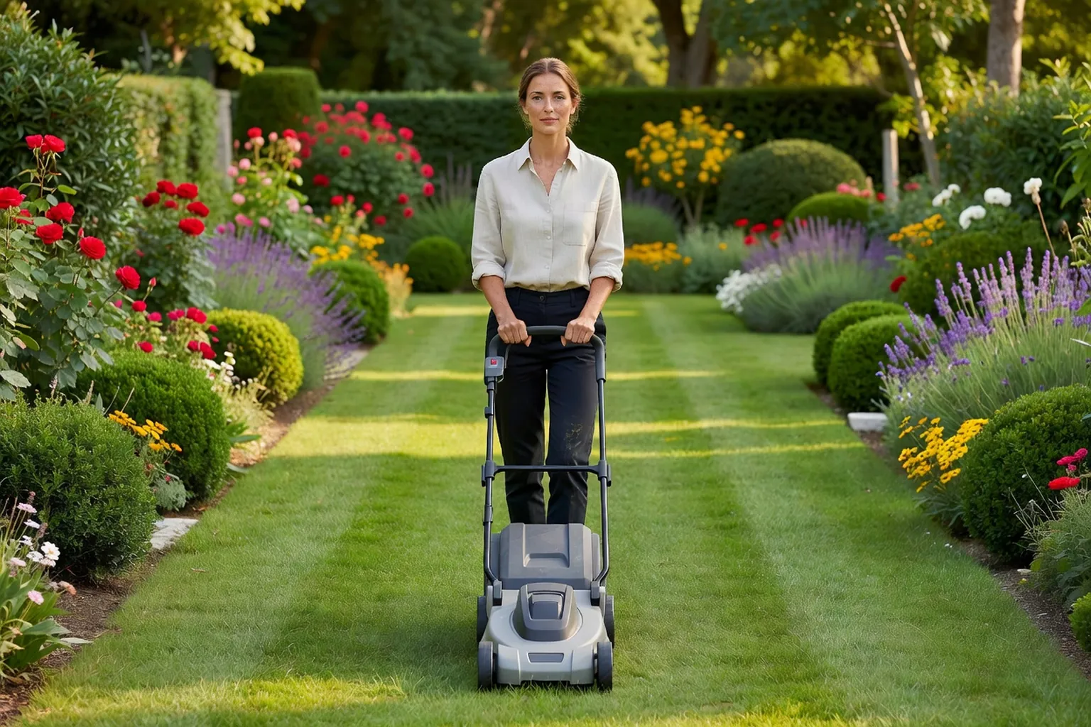 Femme adulte en tenue de jardinage soignée utilisant une tondeuse électrique sans fil sur une pelouse bordée de massifs dans un jardin français.