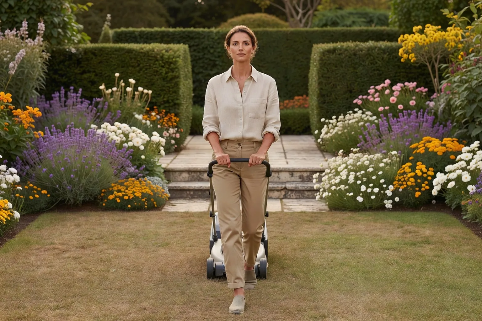 Une femme adulte en tenue de jardinage soignée pousse une tondeuse sans fil sur une petite pelouse sèche d'un jardin français bordé de massifs.
