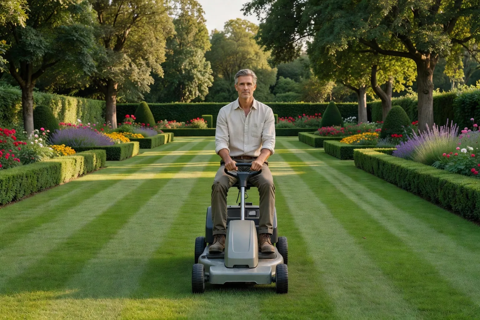 Un homme adulte en tenue de jardinage soignée conduit une tondeuse autoportée sur une pelouse dégagée d'un jardin français, près de massifs et d'arbres.