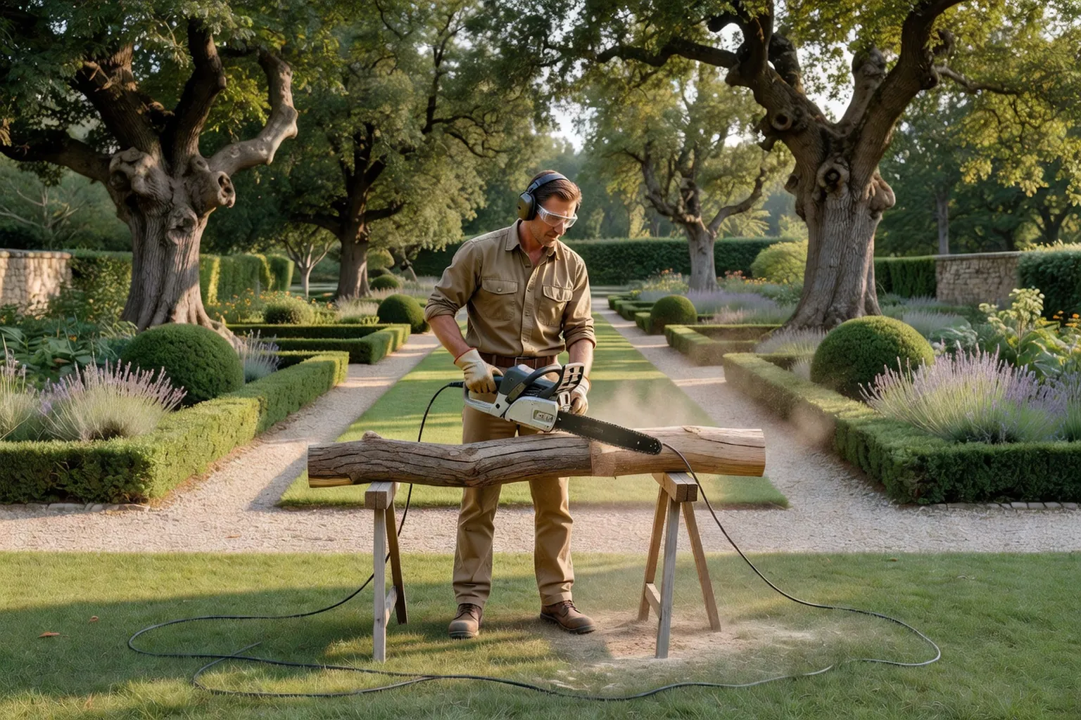 Un homme équipé de protections coupe une bûche calée au sol avec une tronçonneuse électrique filaire dans un jardin français.