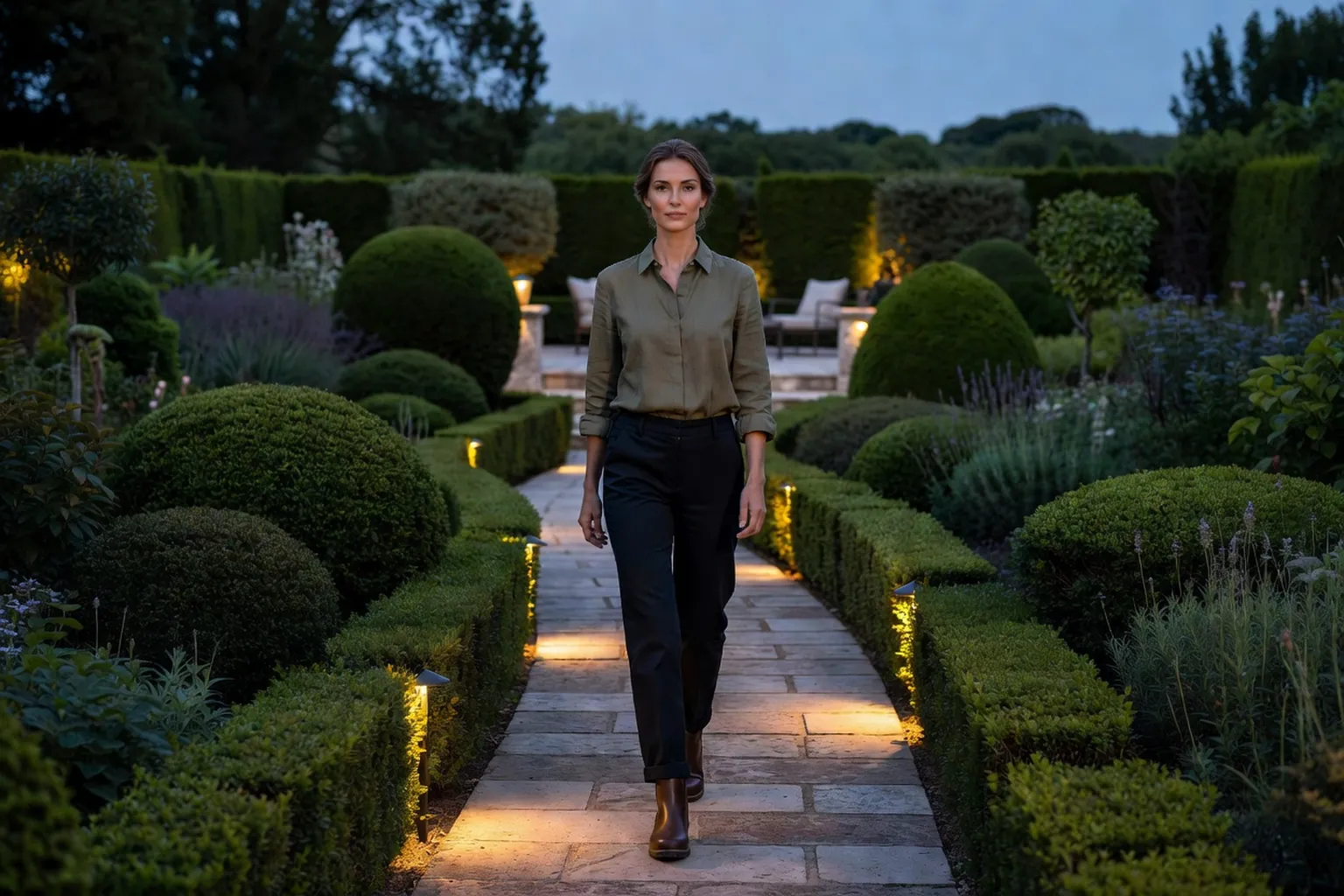 Femme élégante marchant sur une allée de jardin éclairée par des balises basses, devant une terrasse française à la tombée du jour.