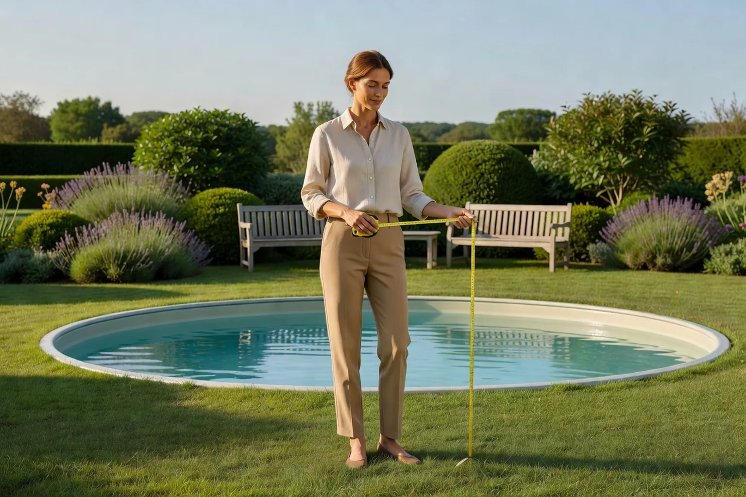 Femme adulte mesurant l'espace autour d'une petite piscine hors-sol installée dans un jardin français.