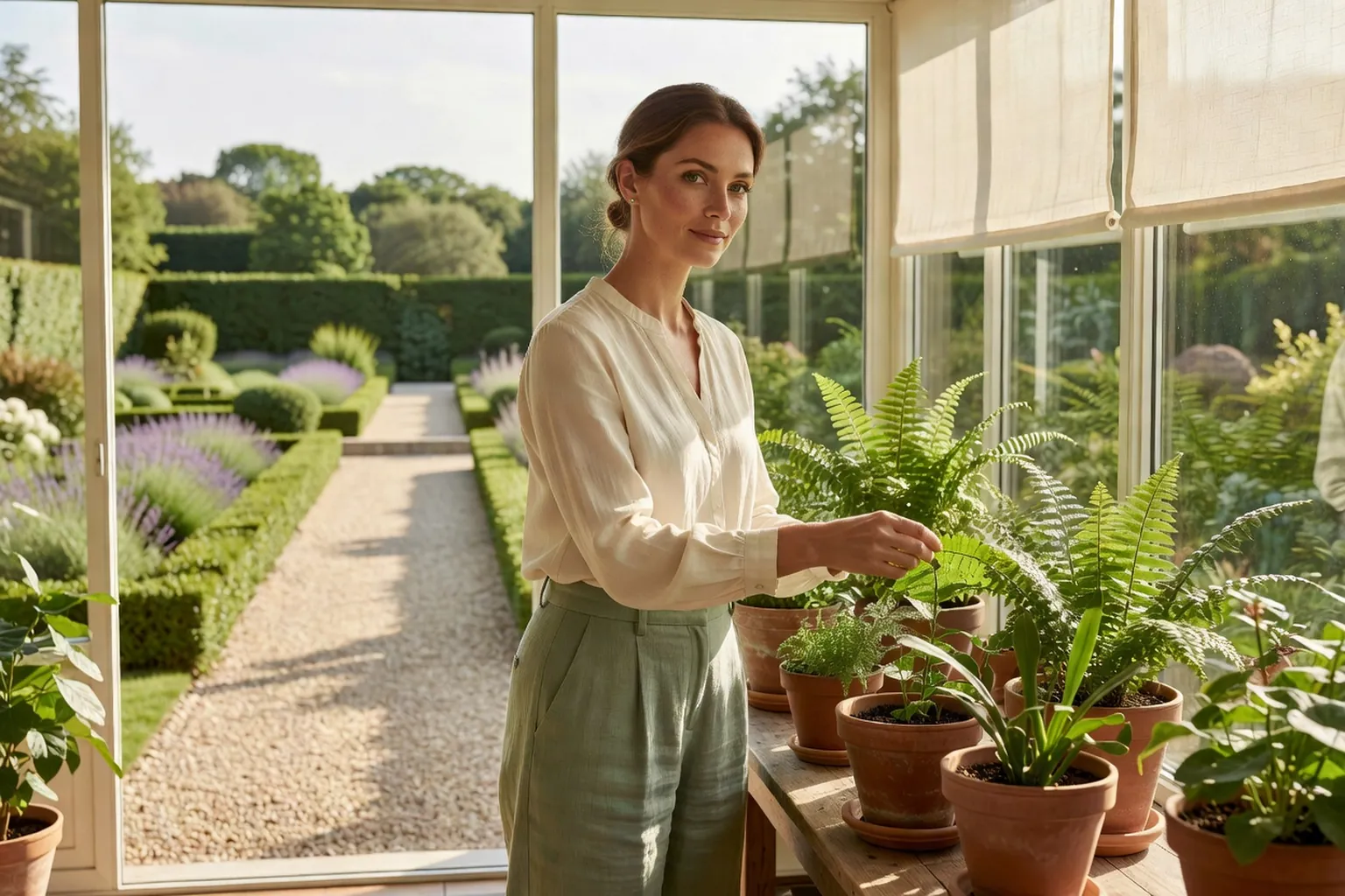 Femme adulte en tenue de jardinage soignée installant des plantes en pots dans une véranda lumineuse donnant sur un jardin français.